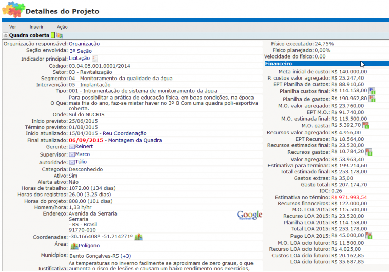 Controle do físico e financeiro do projeto